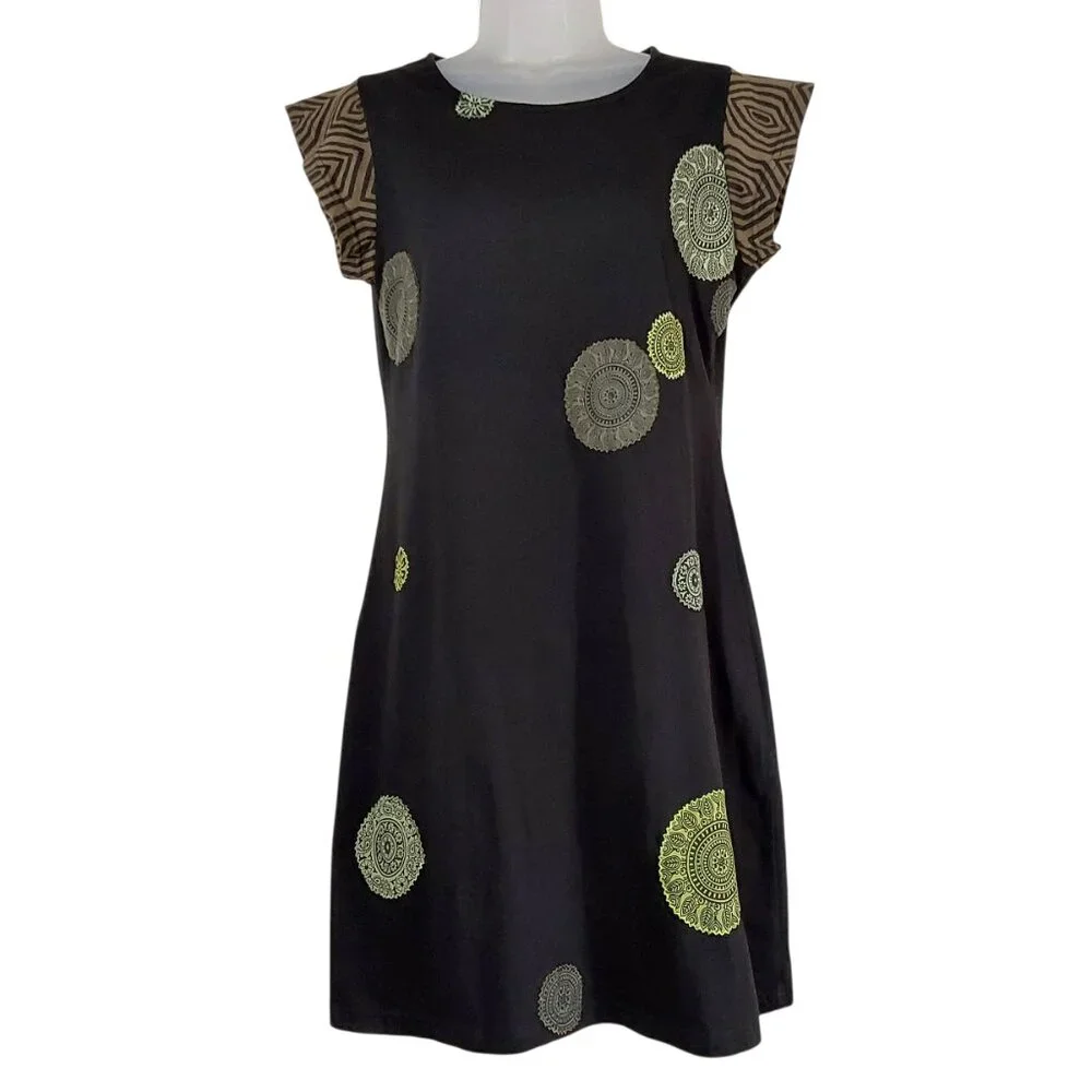 Adria Mode Organic Cotton Black w Mandalas Short Sleeve A-Line Boho Chic Dress M